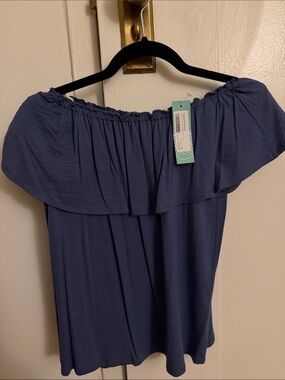 Off-the-Shoulder Ruffle Blouse - Navy Blue